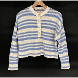 Billabong Women Make Way Stripe Cotton Crop Sweater M Blue & Ivory Coastal Beach